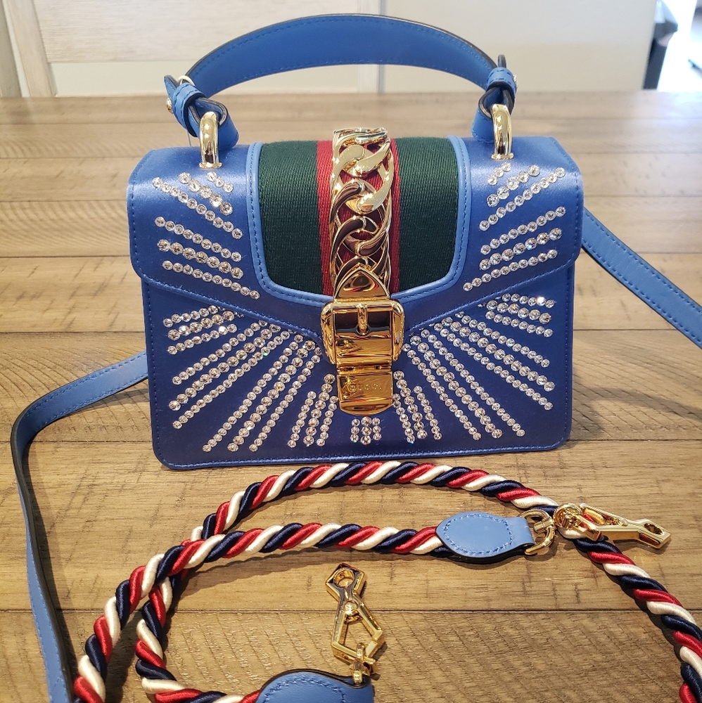 Gucci Sylvie Top Handle Crystal Embellished Satin Mini Light Blue